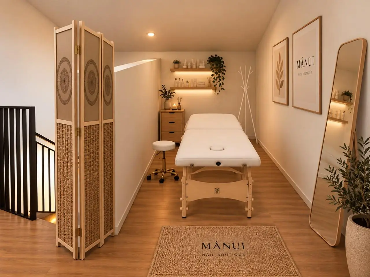 Cabina privada con camilla, biombo de madera y repisas iluminadas