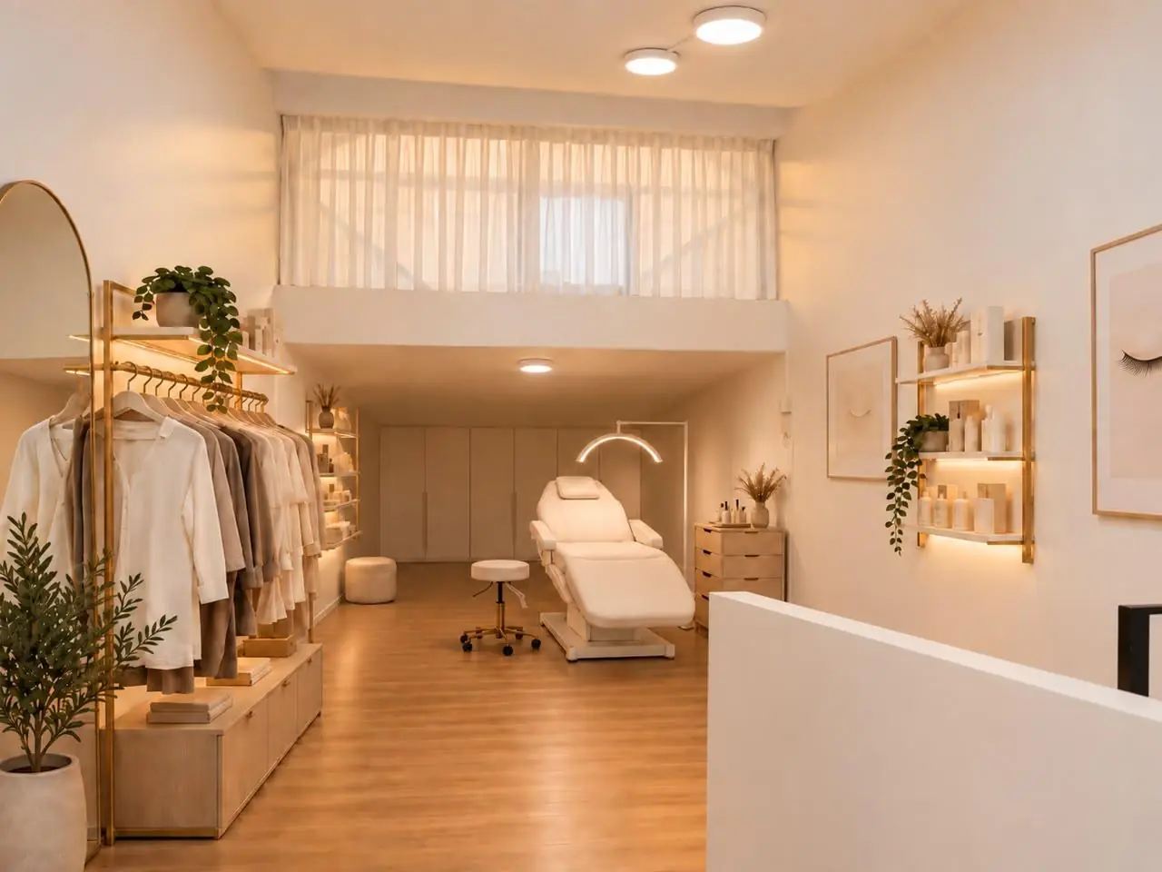 Segundo piso de MÂNUI con camilla, repisas de productos iluminadas y cortinas de lino