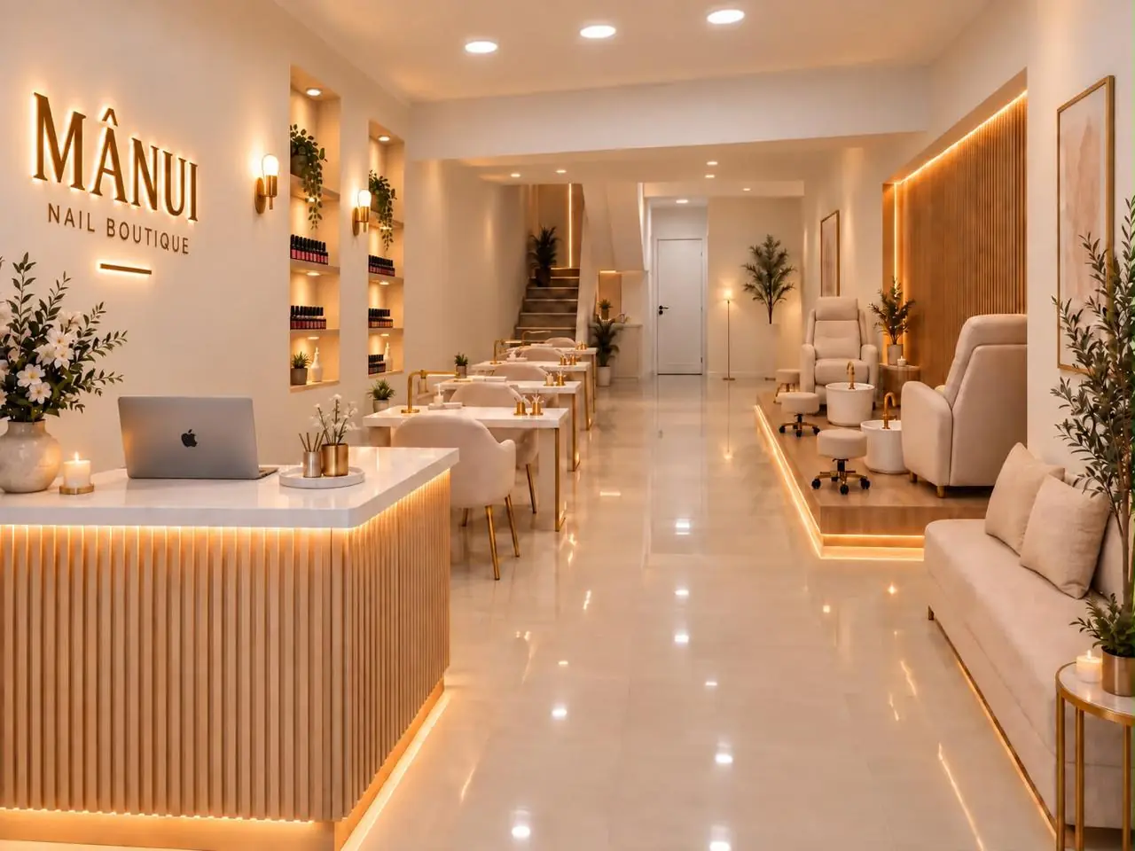 Recepción y salón de MÂNUI, con mesas de manicure a la izquierda y sillones de pedicure sobre una tarima iluminada